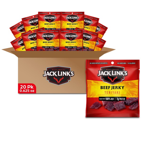 Jack Link's Beef Jerky, Teriyaki, Multipack Bags - Flavorful Meat Snack for Lunches, Ready to Eat - 7g of Protein, Made with Premium Beef, No Added MSG** - 0.625 oz (Pack of 20)