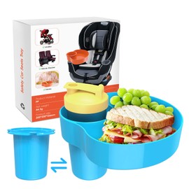 trunkhouse Kids Car Seat Travel Tray: Carseat Snack Tray for Food Eating, Baby Snacks Plate for Toddlers with 2 Replacement Cup Holder Bases, Kids Travel Road Trip Essentials, Sky Blue