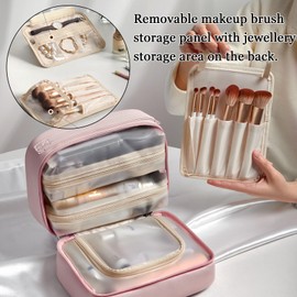 Veki - Bolsa de maquillaje de viaje de gran capacidad, doble apertura, bolsa de maquillaje impermeable con bolsa de aseo transparente extraíble, bolsa organizadora de maquillaje con soporte de cepillo