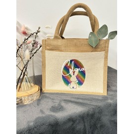AMBERGER DESIGN by A&M Osterhage amd Jute Tasche klein Osterkorb | Personalisiert Osterhase & Name Geschenkidee Kinder | Ostereiersuche | Ostergeschenk