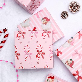 BIOBROWN Christmas Wrapping Paper Roll - 17 Inches X 33 Feet (47 sq. ft. ttl.) Candy Cane Bow Design Pink Gift Wrap Stone Paper for Xmas, Holiday, Party