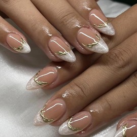 24 Pcs French Tip Press on Nails Short Almond Fake Nails with 3D Gold French Line Designs Glue on Nails Full Cover Glossy Acrylic Nails Stick on Nails for Women and Girl Nail Decoration