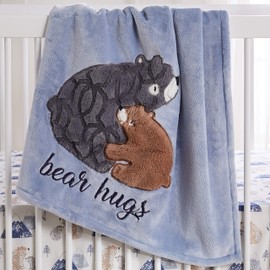 Levtex Baby - Rowan Plush Blanket - Appliqued and Embroidered Bears on Blue Plush - Blue, Brown, Black - Nursery Accessories - Blanket Size: 30 x 40 in.