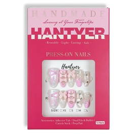 Hantyer 10PCS French Ballet-Inspired Press on Nails with Tools Kit, Medium Almond Glossy Nails in Pink & White, Gel Nails with 3D Bows, Pearls & Rhinestones, Sweet-Edgy Style for Women(Size M)