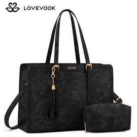 LOVEVOOK 15.6'' Canvas Laptop Tote Bag for Women with Clutch Purse, Lightweight Tote Bag Large Capacity Computer bag, Vegan Leather, Crossbody Bags for Business, Work, Office, Travel, School, Casual:_Brown Embossed(Leather)_15.6''