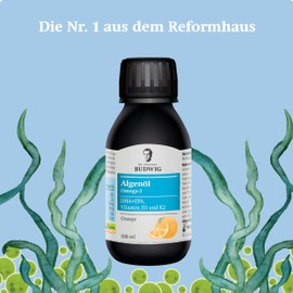 Dr. Budwig Omega 3 Algae Oil Orange (100 ml) High Dosage, Rich in DHA, EPA, Vitamin D3 and K2, with Fruity Orange Flavour, Vegan and Vegetarian