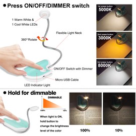 Rechargeable Kids Reading Light, 3 Modes Clip-On Book Light with Flexible Gooseneck, Dimmable for Bedtime