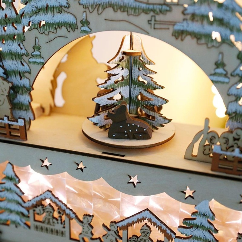 Christmas Wooden Scene 3D Model Illuminated Houses Fir and Snowfall