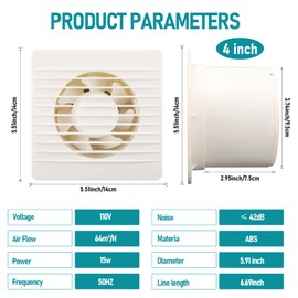 MEKOTRIN 4 Inch Exhaust Fan, 15W Bathroom Window Exhaust Fan, Wall Mounted Small Ventilation Fan With Anti Backflow Check Valve, Suitable For Bathroom, Kitchen, Garage, Attic, Low Noise