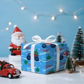 LeZakaa Boys Christmas Wrapping Paper Roll, Santa Driving Monster Truck with Christmas Tree, Blue Festive Holiday Gift Wrap for Kids, Boys, Family, Friends, Mini Roll 17 in x 16.4 Ft