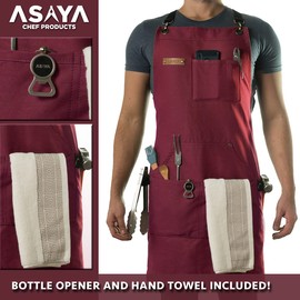 Asaya Chef, BBQ and Work Apron with Bottle Opener and Hand Towel - Durable 10oz Cotton Canvas, Brass Hardware and Cross Back Straps - For Men, Women, Grilling, and Cooking (Red)