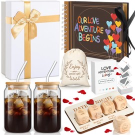 Reallnaive 54 Pcs Date Night Adventure Gift Box for Couple Girlfriend Boyfriend Scratch Off Date Night Dice Cards Adventure Book Glasses for Wedding Birthday Anniversary Bridal Shower