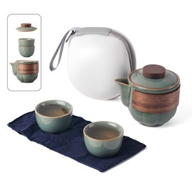 Portable Kungfu Teapot Tea Set, Ceramic Travel Tea for One Set, A Minimalist Look Tea Pot with 2 cup for Tea Lovers Home Hotel Office Outdoor Picnic (Green)