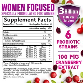 Probiotics for Women Gummy - 6 Diverse Strains w/ Cranberry, PH Balance, Digestive & Feminine Health Support, 3 Billion CFU Womens Probiotic for Urinary & Immune Support, Non-GMO - 60 Gummies