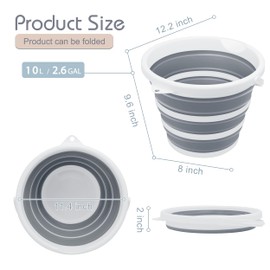 Goderewild Collapsible Bucket Mop Bucket 2.6 Gallon(10L) for House Cleaning, Travel, and More - Lightweight, Foldable, and Portable for Outdoor Adventures(Grey-Round)