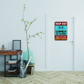 Game Room Tin Sign Plaque 'Keep Out Gamer at Work' Game Room Playroom Party Gift for Gamer 8 * 12Inch