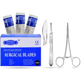 MuskalMed 100 Sterile Carbon Steel Blades #24 with Free Scalpel Handle #4 and Blade Remover Hemostat