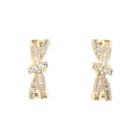 DIAMANTIO 18K Gold Plated Bow Knot Earrings for Women – Sparkling Cubic Zirconia Baguette & Round Crystal Studs, Elegant Crossover Design