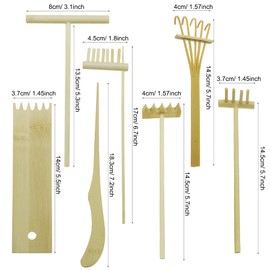 Cayway 7 PCS Garden Rake Kit, Garden Zen Rake Tools Sand Garden Kits Bamboo Rakes Tool Bamboo Rakes Holder with Moss Rakes Brusher Spoon for Man Women
