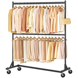 Hoctieon Double Rod Z Rack, Rolling Clothes Racks with Z-Base, Adjustable Clothing Rack, Standing Clothes Rack, Metal Clothing Racks for Hanging Clothes, Portable Garment Rack, Black