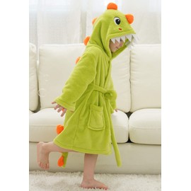 ABSMM Boys Girls Bathrobe Kids Toddler Cartoon Dinosaur With Tail Hooded Sleep Robe (Green,2-3T)