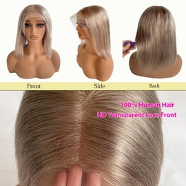 Belaved Ash Blonde Bob Wig Human Hair 13x4 HD Lace Front Free Part Wigs Short Straight Bob Wig with Baby Hair Pre Plucked Glueless Natural Hairline 180% Density Black14 Inch