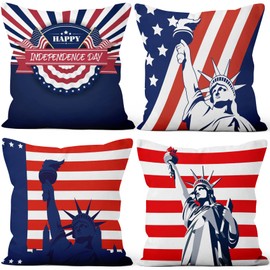 Aoihrraan Cushion Covers Set of 4, America Throw Pillow Covers Statue of Liberty Red Blue Stripe Flag Soft Short Plush Square Pillowcase for Sofa Couch Bedroom Car Chair Home Decor 24"x24"