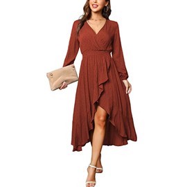 Kormei Women V Neck Floral High Low Flowy Boho Long Sleeve Party Long Maxi Dress L Orange Red