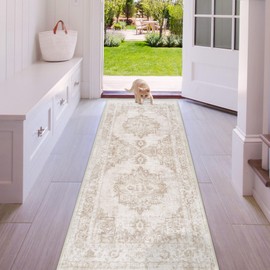 Area Rug 2x6 Runner Rug: Washable Vintage Hallway Rug Indoor Medallion Rug Low Pile Distressed Floor Carpet Retro Accent Rug for Kitchen Bedroom Bathroom Dining Room(Beige, 2'x6')
