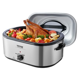 VEVOR Electric Roaster Oven with Defrost & Warm Function, 24 QT Turkey Roaster Oven with Self-Basting Lid, 1450W, Adjustable Temp, Removable Pan & Rack, Fits Turkeys Up to 28LBS, Silver