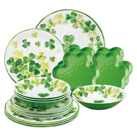 UPware 16-Piece Melamine Dinnerware Set, Includes Dinner Plates, Salad Plates, Dessert Plates, Bowls, Service for 4 (Shamrocks)