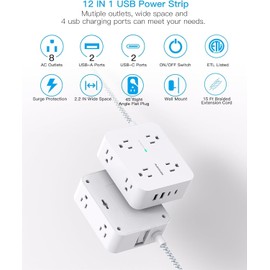 Surge Protector Power Bar 15 Ft Long Cord, Extension Cord 15 Feet with 8 Outlets 4 USB Ports(2 USB C), Flat Plug, Desk Charging Station for Home Office College Dorm Room Essentials