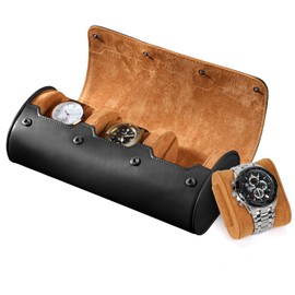 BAIGIO Watch Box 3 Slot Watch Travel Case Leather Watch Roll Watch Box for Men and Women Watch Storage Box Organizer for Small Watches Watch Case Travel Transport Box Watch Bag (Black)