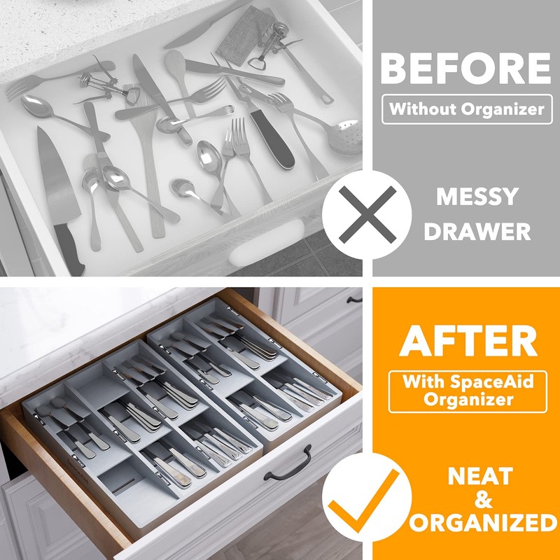 SpaceAid Bamboo Silverware Drawer Organizer with Labels, Kitchen Utensil Tray