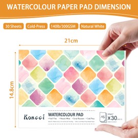 KONCCI Watercolour Paper Pad A5, 30 Sheets Watercolour Sketchbook 300GSM, Cotton Blend, Cold Press & Acid-Free, Natural White, Glued Bound, for Painting Drawing Beginner Students