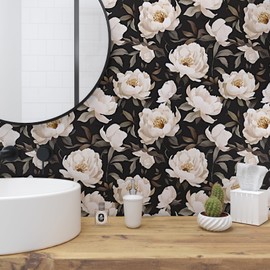 Floral Wallpaper Peel and Stick, Black/Beige Contact Paper Large Peony Flowers 17.5" x 393.7", Vintage Wall Paper Mural Self Adhesive Removable Waterproof for Room Bedroom Shelves Cabinet Drawer Table