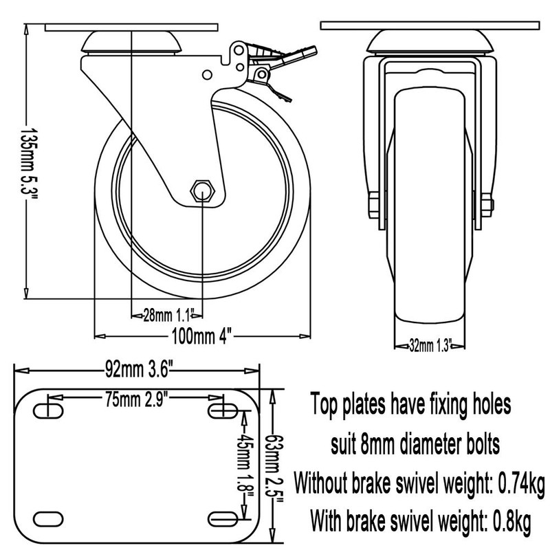 DSL 1 x Heavy Duty UNBRAKED Double Bearing 100mm Rubber