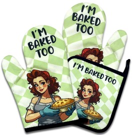 NAHMAKNE Funny Baking Oven Mitts and Pot Holders Set of 3, I'm Baked Too, Heat Resistant Non-Slip Kitchen Mitts Hot Pads, Baking Gifts for Hostess, Sweet Housewarming Gifts for Mom Wife Bake Lover