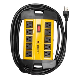Iron Forge Cable Iron Forge - Cable de 10 tomas, protector de sobretensión, tira de alimentación con disyuntor integrado, 14/3 SJT negro y amarillo con cable de extensión de 15 pies