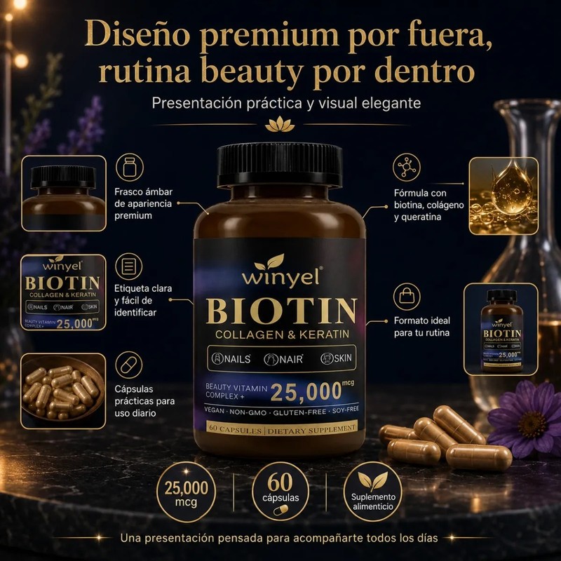 Biotina Alta Potencia 25000 Mcg Cabello Uñas Piel 60 Cáps
