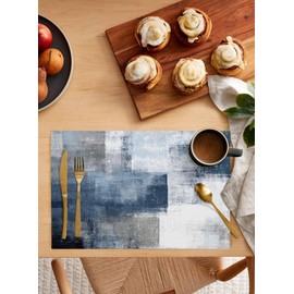 Blue Grey Placemats Set of 6, Modern Oil Painting Woven Placemat, Linen Place Mats for Kitchen Dining Table, Geometric Abstract Art Aesthetics Washable Table Mats for Party Indoor Outdoor