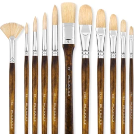 Fuumuui 11PCS Professional Oil Paint Brush Set - Superior Hog Bristle Paint Brushes - Perfect for Oil, Acrylic, Gouache Painting