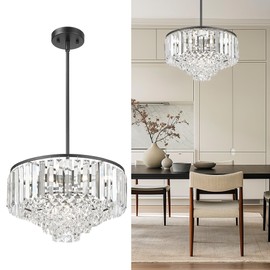 Cargifak 15'' Crystal Chandelier, 5-Tier Modern Chandelier with Matte Black Finish, Pendant Light for Dining Room Kitchen Island Bedroom Entryway, CC4215-5W-BK