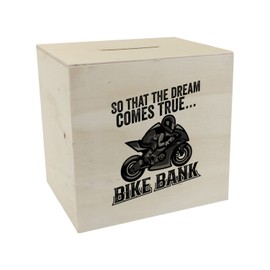 Bike Bank Wooden Money Box with Saying and Motorcycle in Black So That The Dream Comes True Bike Bank, A Decorative Piggy Bank to Save on a Moped Biker Money Box