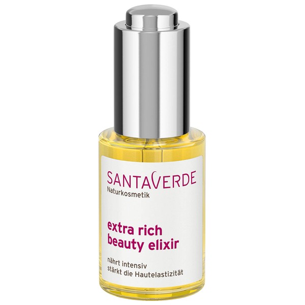 Santaverde / Extra rich beauty elixir / Facial oil / Intensively nourishing and regenerating / Supports collagen production / Strengthens skin elasticity / for dry and stressed skin / Pure aloe vera juice / Own controlled organic cultivation / Face and c