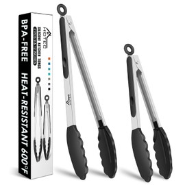 HOTEC Pinzas de cocina de acero inoxidable de alta calidad con puntas de silicona, juego de 2 a 9 pulgadas y 12 pulgadas