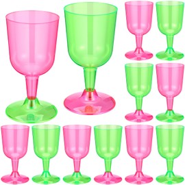 Widecook 12 Pcs Pink and Green Plastic Wine Glasses Neon Wine Glasses 5.5 oz Goblets Disposable Cocktail Cups with Stem for Rave Music Festival Weddings Birthday Picnics Parties Floating Pool