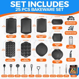 Emporio Kitchen Baking Pan Set - Nonstick Coating, Carbon Steel Bakeware Set with Gray Silicone Handles, PFOA, PFOS, PTFE Free, Recipe Booklet Included, Oven Safe Tray (Up To 450° F), Set of 25 - Gray