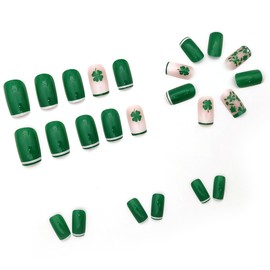 St.Patrick's Day Press-On Nails Short Fake Nails with Lucky Clover Designs Glossy Green and White Gradient Acrylic Full Cover Green Day Rhinestone Glue on Nails Holiday Stick on Nails for Women 24PCS