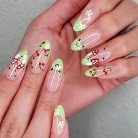 FIEONCIY Press on Nails Almond Shape-Glossy Full Cover Acrylic Green French False Nails with Floral Designs Artificial Medium Almond Pointed Fake Nails Glue ons Nails Stick on Fingernails for Women